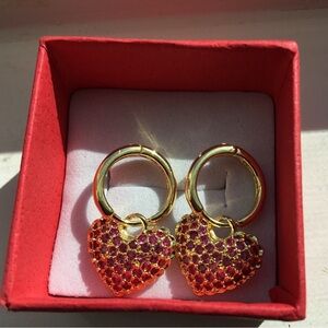 Valentines Day Red Heart Shape Drop Earrings 18k Gold Plated New in Gift Box
